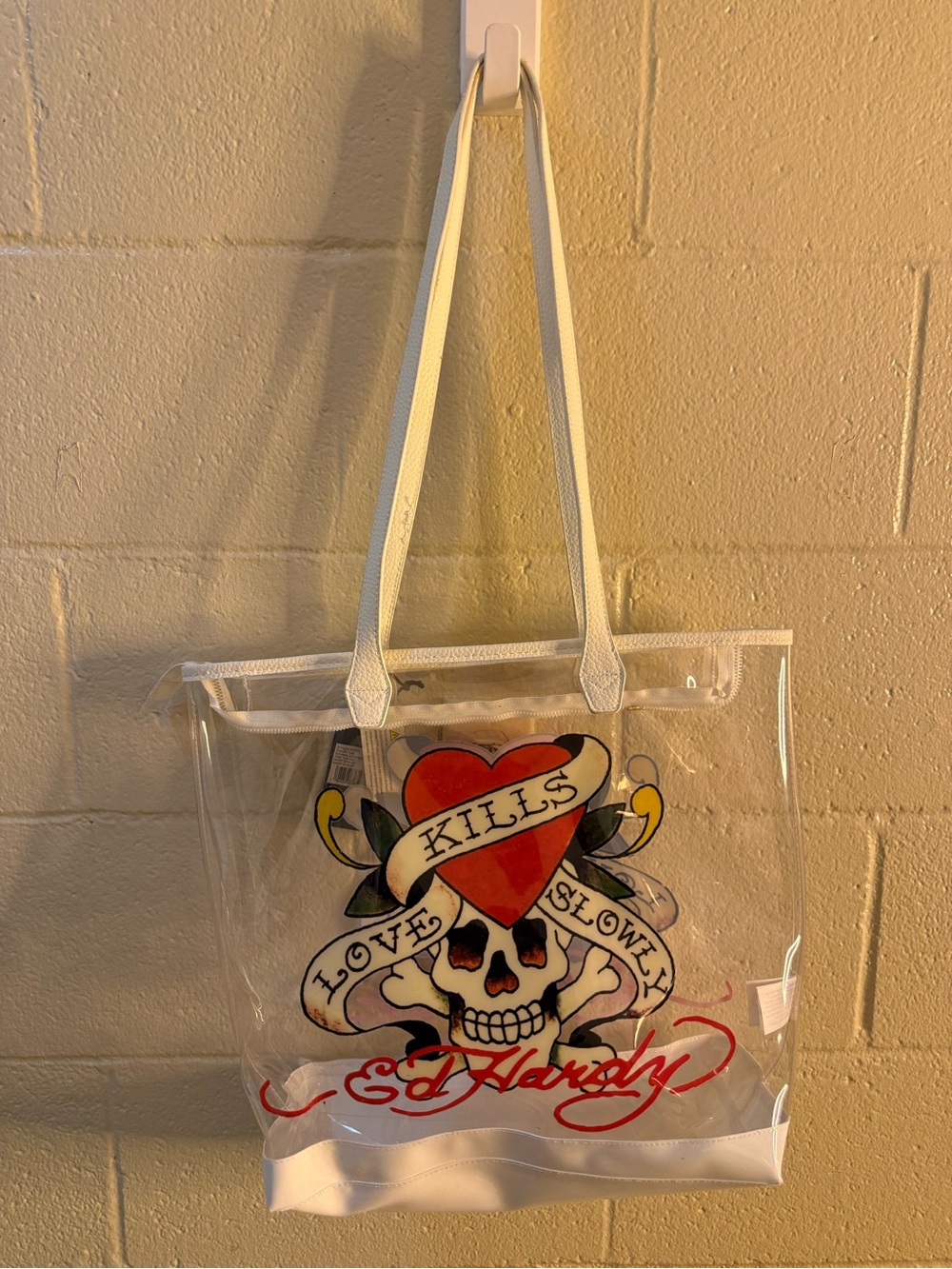 Ed Hardy Clear Tote with White Trim and Red Heart Skull Graphic